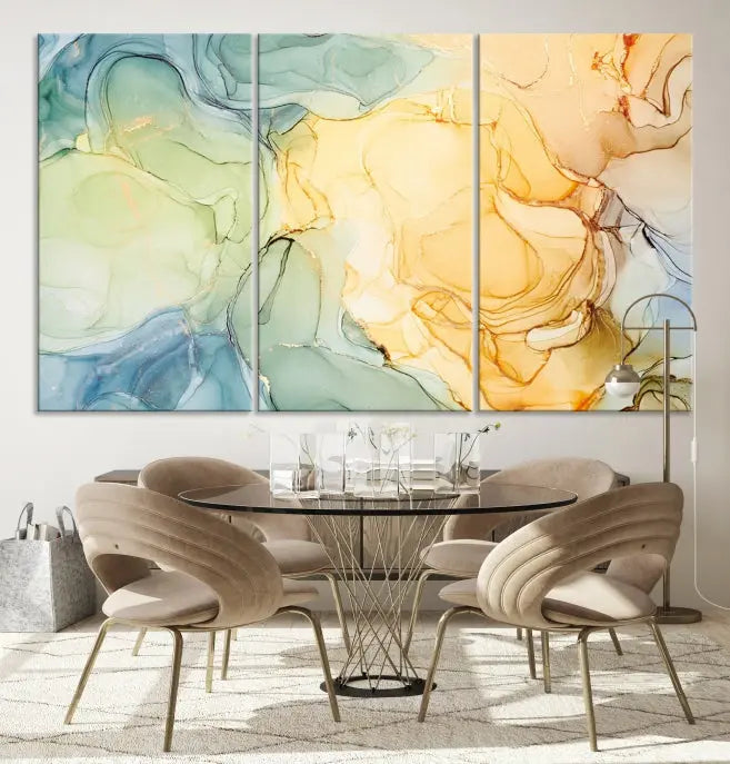 The Green and Yellow Marble Fluid Effect Wall Art Abstract Canvas Wall Art Print in the living room is a striking piece. This three-panel artwork, gallery wrapped on museum-quality canvas, ensures it stands out as a centerpiece in any setting.