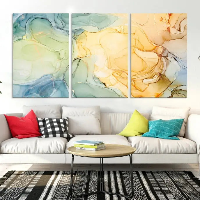 The Green and Yellow Marble Fluid Effect Wall Art Abstract Canvas Wall Art Print in the living room is a striking piece. This three-panel artwork, gallery wrapped on museum-quality canvas, ensures it stands out as a centerpiece in any setting.