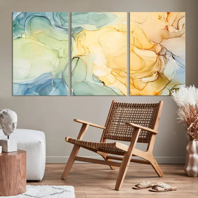 The Green and Yellow Marble Fluid Effect Wall Art Abstract Canvas Wall Art Print in the living room is a striking piece. This three-panel artwork, gallery wrapped on museum-quality canvas, ensures it stands out as a centerpiece in any setting.