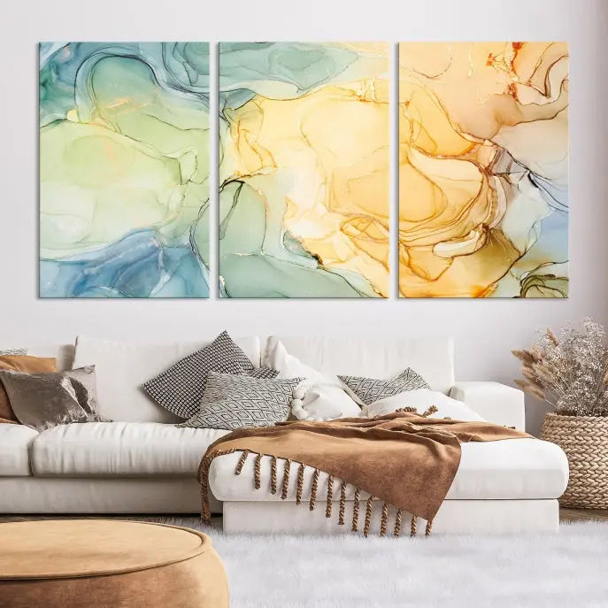 The Green and Yellow Marble Fluid Effect Wall Art Abstract Canvas Wall Art Print in the living room is a striking piece. This three-panel artwork, gallery wrapped on museum-quality canvas, ensures it stands out as a centerpiece in any setting.