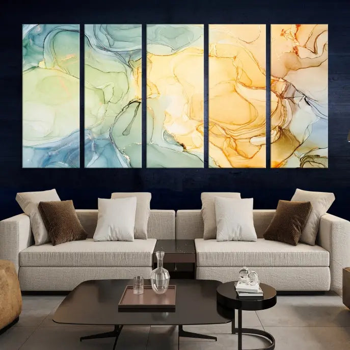 The Green and Yellow Marble Fluid Effect Wall Art Abstract Canvas Wall Art Print in the living room is a striking piece. This three-panel artwork, gallery wrapped on museum-quality canvas, ensures it stands out as a centerpiece in any setting.