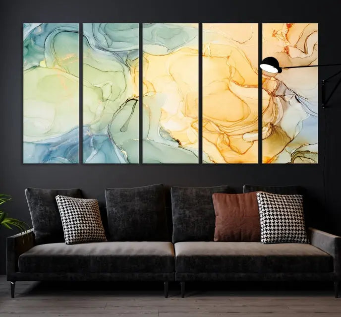 The Green and Yellow Marble Fluid Effect Wall Art Abstract Canvas Wall Art Print in the living room is a striking piece. This three-panel artwork, gallery wrapped on museum-quality canvas, ensures it stands out as a centerpiece in any setting.