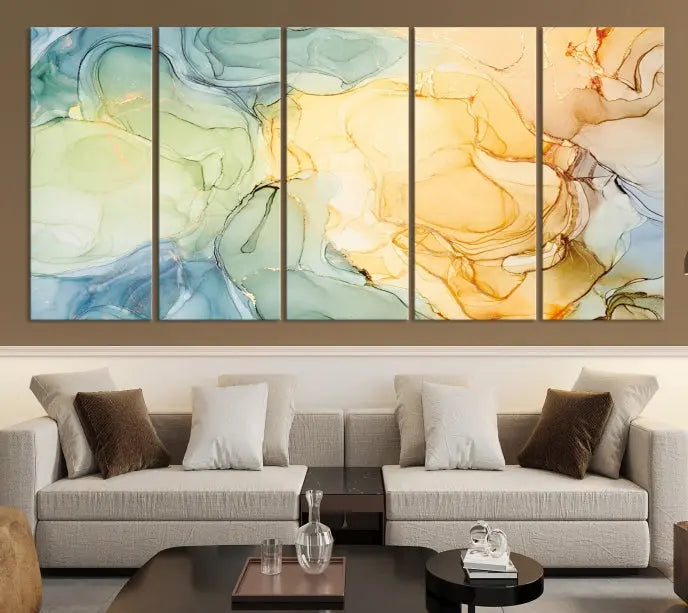 The Green and Yellow Marble Fluid Effect Wall Art Abstract Canvas Wall Art Print in the living room is a striking piece. This three-panel artwork, gallery wrapped on museum-quality canvas, ensures it stands out as a centerpiece in any setting.