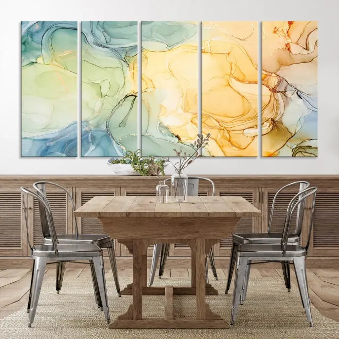 The Green and Yellow Marble Fluid Effect Wall Art Abstract Canvas Wall Art Print in the living room is a striking piece. This three-panel artwork, gallery wrapped on museum-quality canvas, ensures it stands out as a centerpiece in any setting.