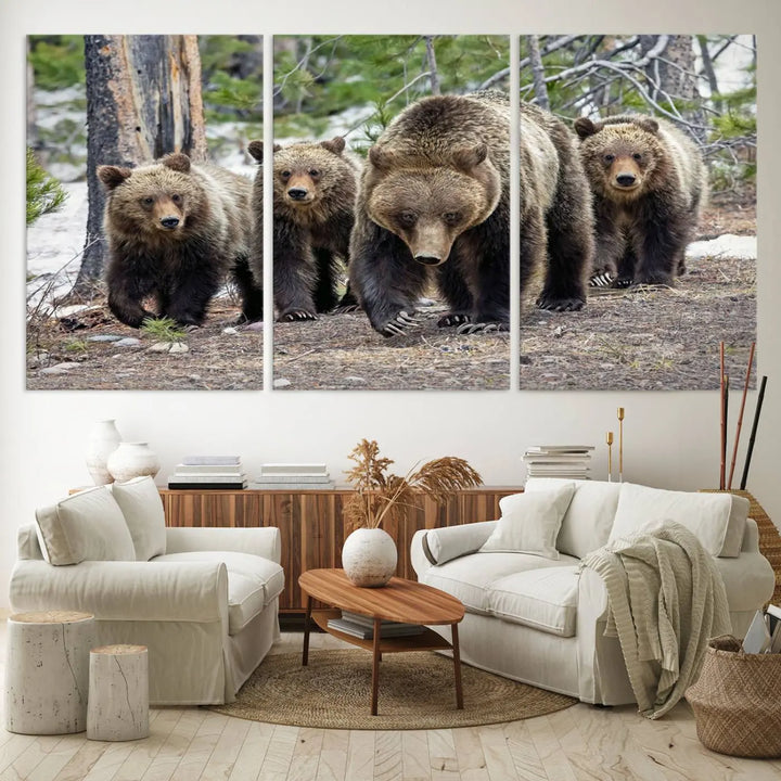 The Grizzly 399 and Cubs in Wild Flowers Wall Art Canvas Print, depicting grizzly bears amidst wildflowers, is elegantly displayed.