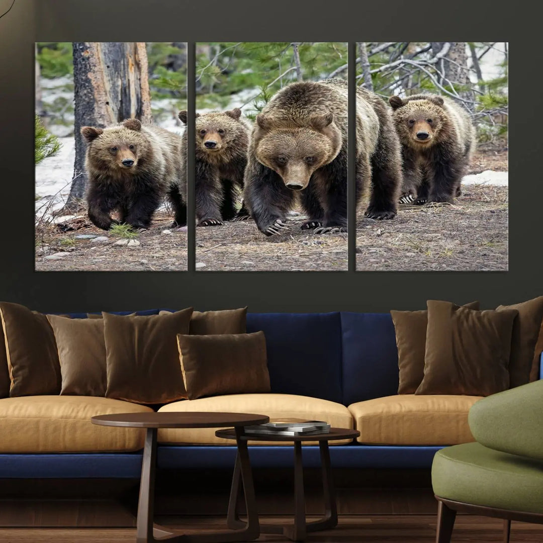 The Grizzly 399 and Cubs in Wild Flowers Wall Art Canvas Print, depicting grizzly bears amidst wildflowers, is elegantly displayed.