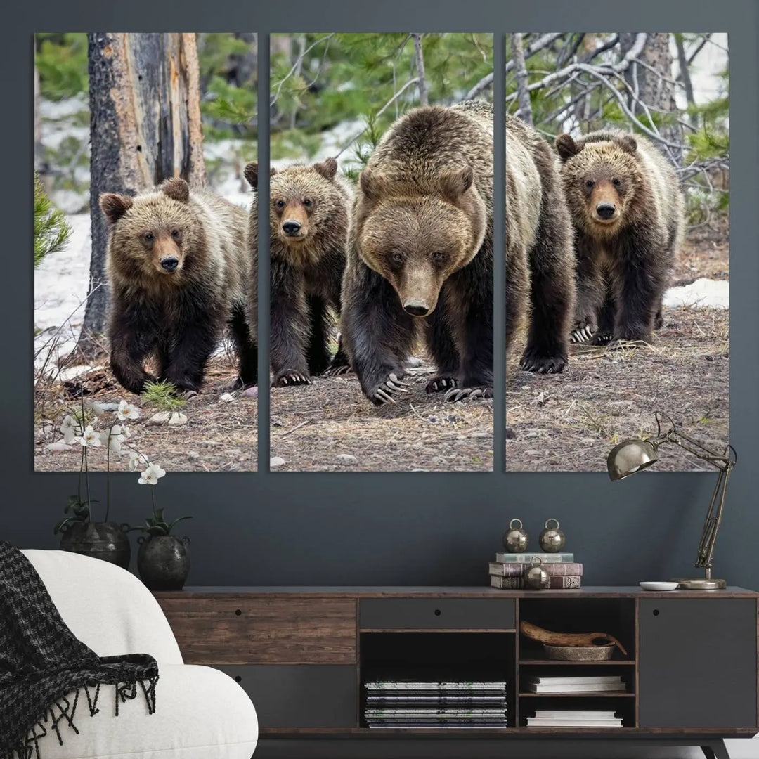 The Grizzly 399 and Cubs in Wild Flowers Wall Art Canvas Print, depicting grizzly bears amidst wildflowers, is elegantly displayed.