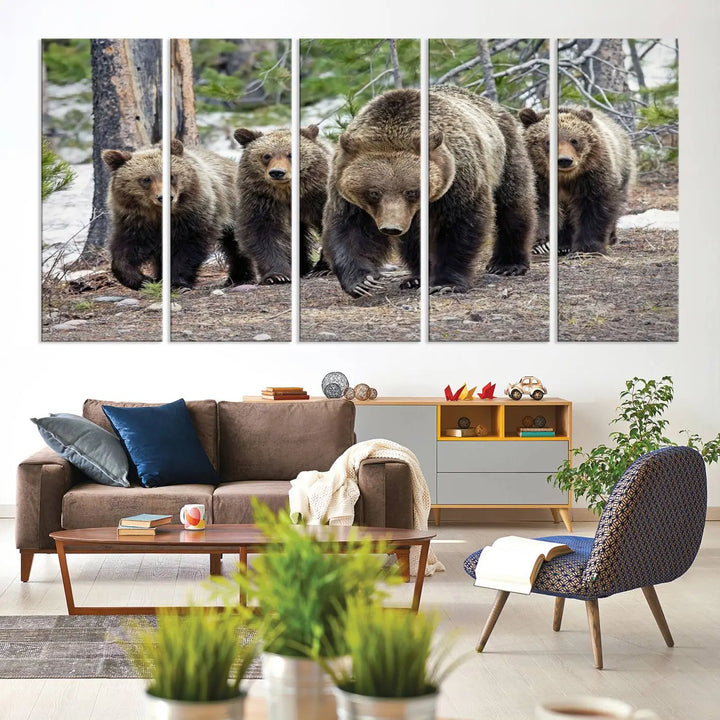 The Grizzly 399 and Cubs in Wild Flowers Wall Art Canvas Print, depicting grizzly bears amidst wildflowers, is elegantly displayed.