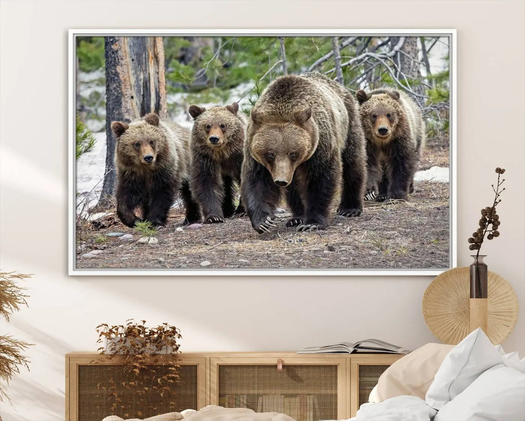 The Grizzly 399 and Cubs in Wild Flowers Wall Art Canvas Print, depicting grizzly bears amidst wildflowers, is elegantly displayed.