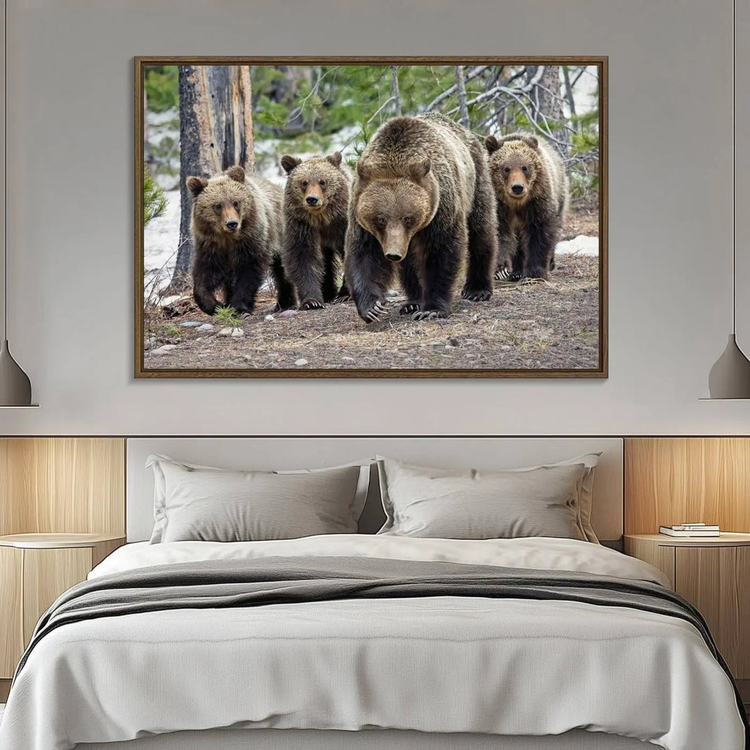 The Grizzly 399 and Cubs in Wild Flowers Wall Art Canvas Print, depicting grizzly bears amidst wildflowers, is elegantly displayed.