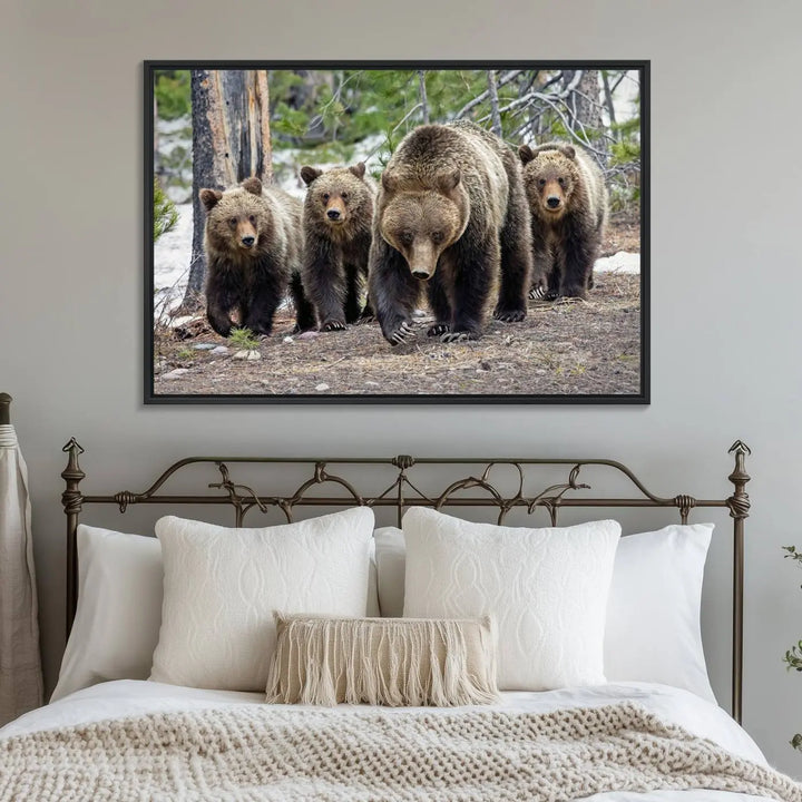 The Grizzly 399 and Cubs in Wild Flowers Wall Art Canvas Print, depicting grizzly bears amidst wildflowers, is elegantly displayed.