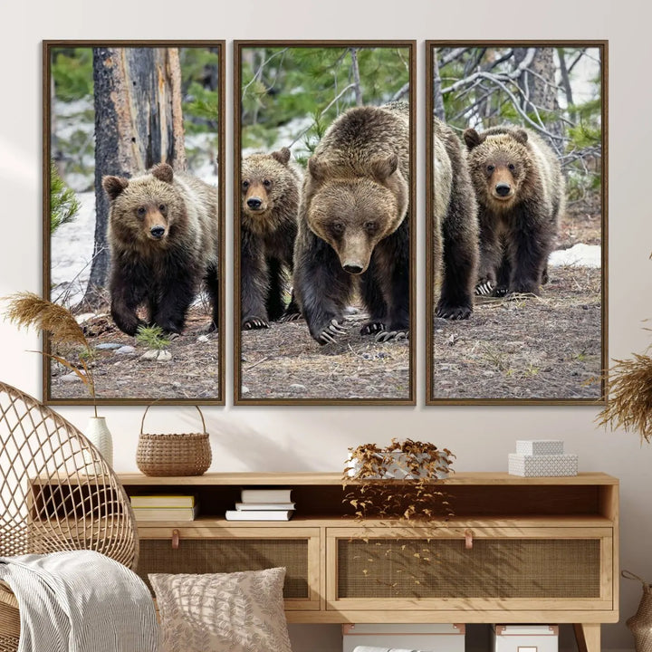 The Grizzly 399 and Cubs in Wild Flowers Wall Art Canvas Print, depicting grizzly bears amidst wildflowers, is elegantly displayed.