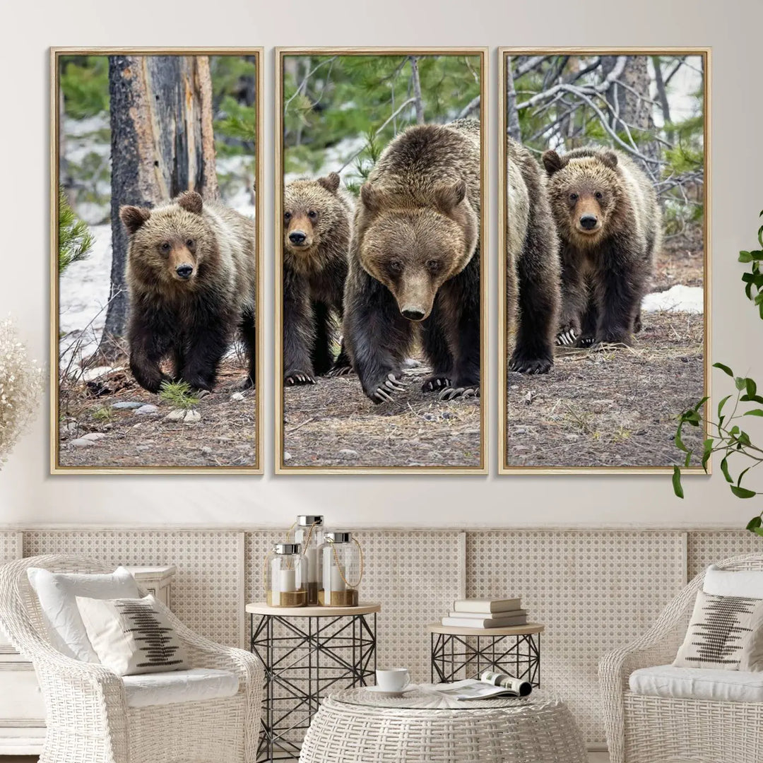 The Grizzly 399 and Cubs in Wild Flowers Wall Art Canvas Print, depicting grizzly bears amidst wildflowers, is elegantly displayed.