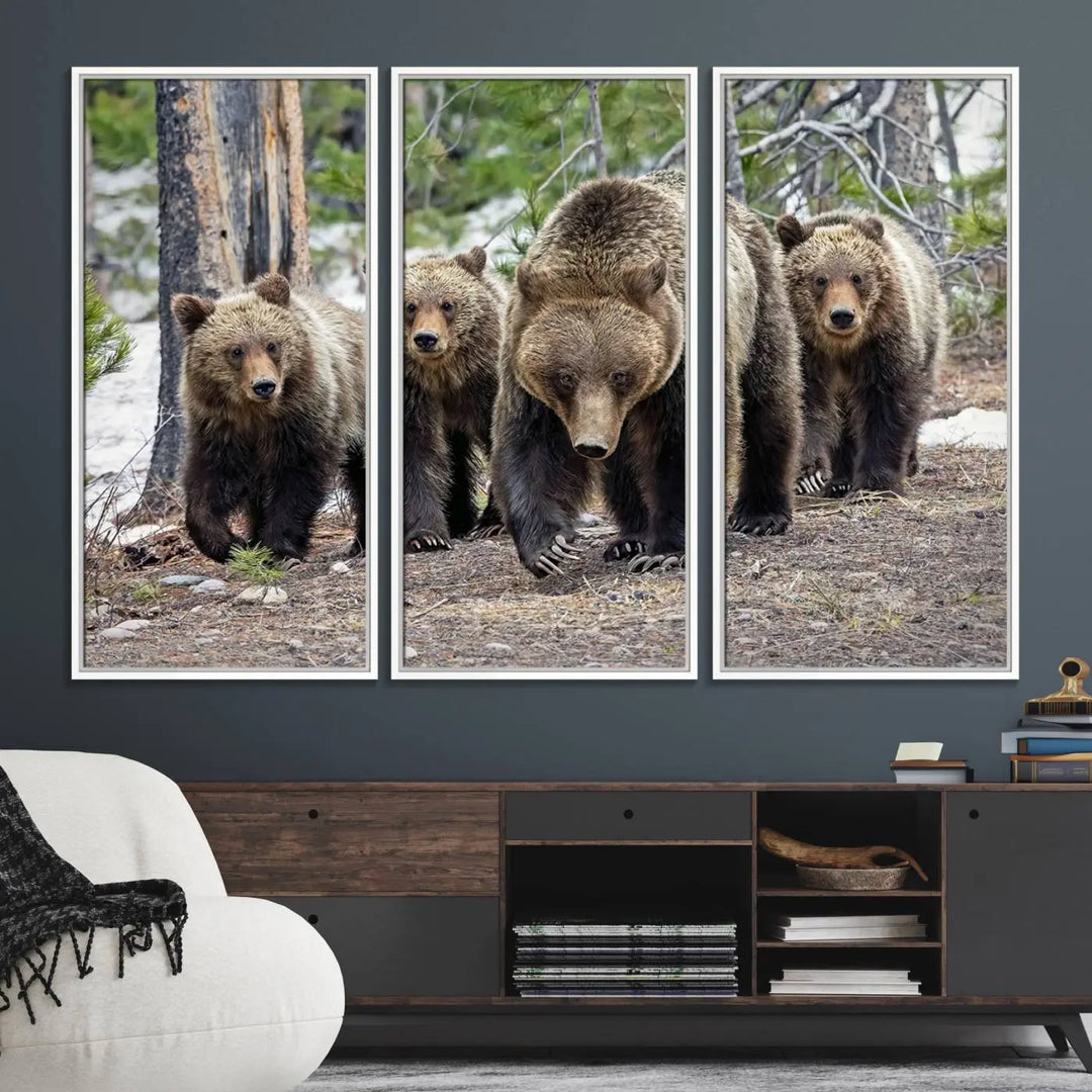 The Grizzly 399 and Cubs in Wild Flowers Wall Art Canvas Print, depicting grizzly bears amidst wildflowers, is elegantly displayed.