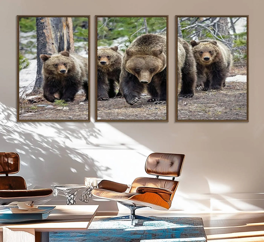 The Grizzly 399 and Cubs in Wild Flowers Wall Art Canvas Print, depicting grizzly bears amidst wildflowers, is elegantly displayed.