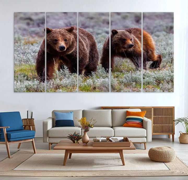 The "Grizzly 399 in Wild Flowers" wall art canvas print, showcasing grizzly bears amidst vibrant wildflowers, elegantly captures the enchanting essence of nature. This handmade piece from the USA brings striking beauty to any space.