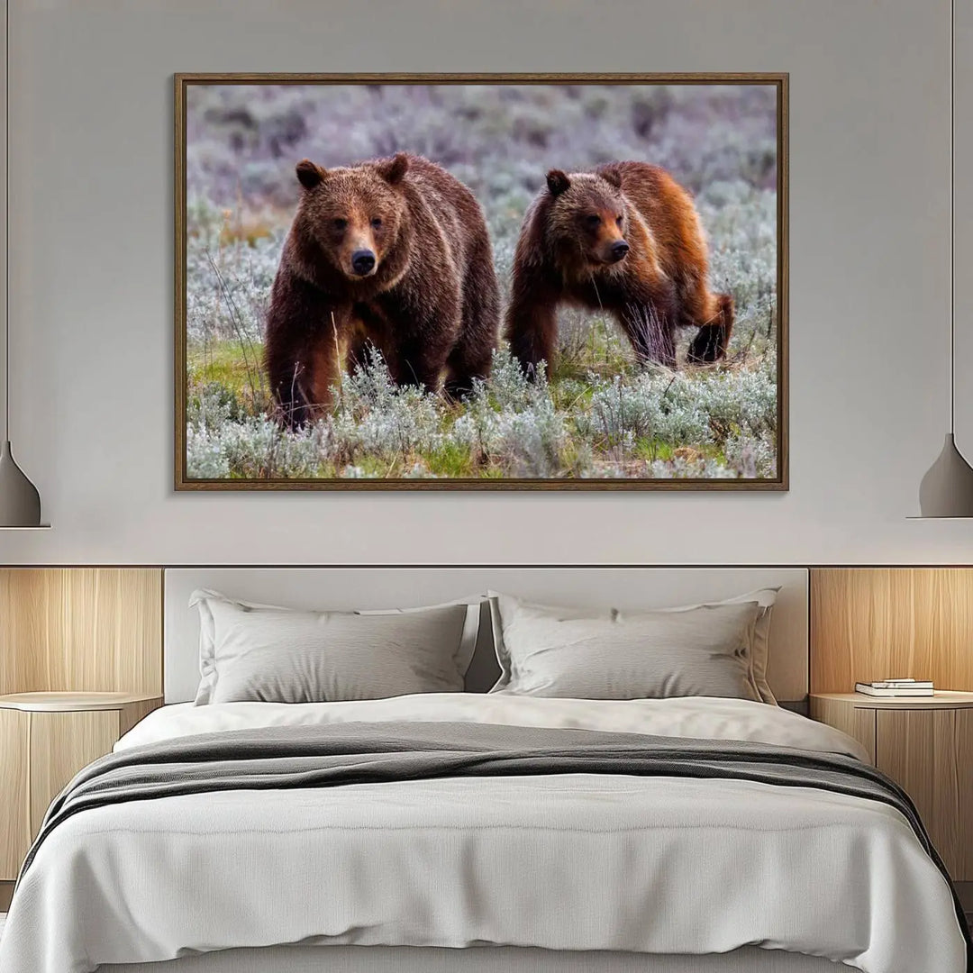 The "Grizzly 399 in Wild Flowers" wall art canvas print, showcasing grizzly bears amidst vibrant wildflowers, elegantly captures the enchanting essence of nature. This handmade piece from the USA brings striking beauty to any space.