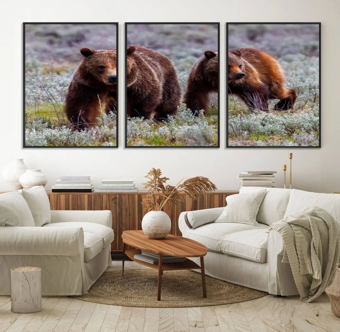 The "Grizzly 399 in Wild Flowers" wall art canvas print, showcasing grizzly bears amidst vibrant wildflowers, elegantly captures the enchanting essence of nature. This handmade piece from the USA brings striking beauty to any space.