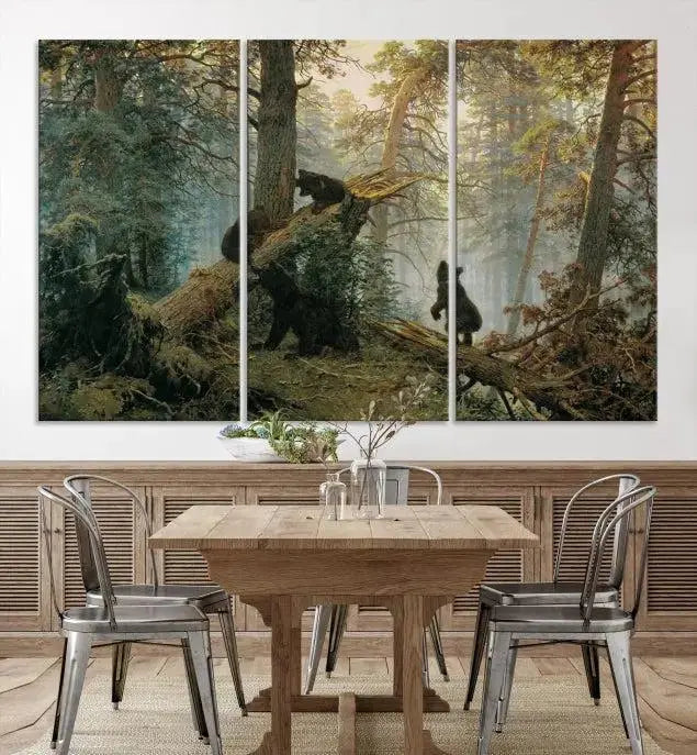 The space is adorned with the Grizzly Bear Cubs Wall Art Canvas Print. This three-panel artwork, featuring bears in a forest, is crafted on museum-quality canvas with UV-protective coating. Each piece comes ready to hang, ensuring durability and timeless beauty for your living area.