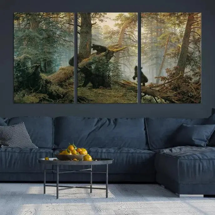 The space is adorned with the Grizzly Bear Cubs Wall Art Canvas Print. This three-panel artwork, featuring bears in a forest, is crafted on museum-quality canvas with UV-protective coating. Each piece comes ready to hang, ensuring durability and timeless beauty for your living area.