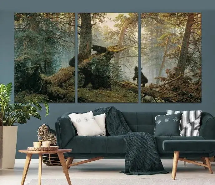 The space is adorned with the Grizzly Bear Cubs Wall Art Canvas Print. This three-panel artwork, featuring bears in a forest, is crafted on museum-quality canvas with UV-protective coating. Each piece comes ready to hang, ensuring durability and timeless beauty for your living area.