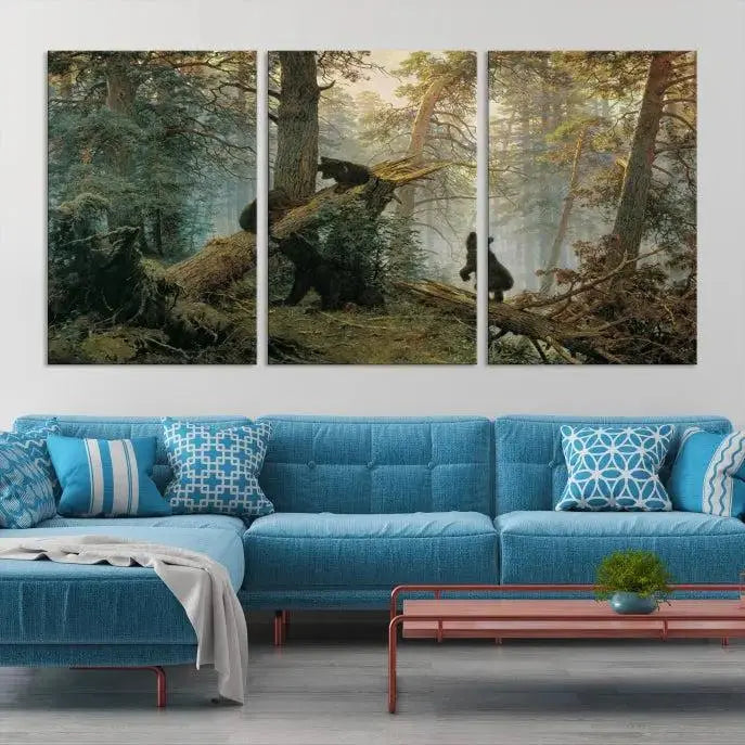 The space is adorned with the Grizzly Bear Cubs Wall Art Canvas Print. This three-panel artwork, featuring bears in a forest, is crafted on museum-quality canvas with UV-protective coating. Each piece comes ready to hang, ensuring durability and timeless beauty for your living area.