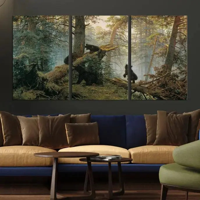 The space is adorned with the Grizzly Bear Cubs Wall Art Canvas Print. This three-panel artwork, featuring bears in a forest, is crafted on museum-quality canvas with UV-protective coating. Each piece comes ready to hang, ensuring durability and timeless beauty for your living area.