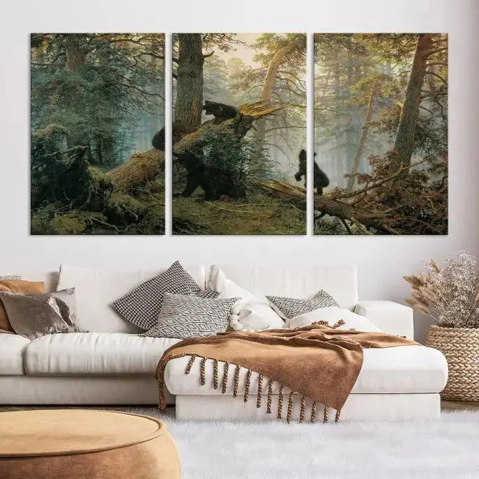 The space is adorned with the Grizzly Bear Cubs Wall Art Canvas Print. This three-panel artwork, featuring bears in a forest, is crafted on museum-quality canvas with UV-protective coating. Each piece comes ready to hang, ensuring durability and timeless beauty for your living area.