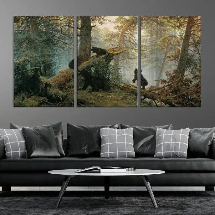 The space is adorned with the Grizzly Bear Cubs Wall Art Canvas Print. This three-panel artwork, featuring bears in a forest, is crafted on museum-quality canvas with UV-protective coating. Each piece comes ready to hang, ensuring durability and timeless beauty for your living area.