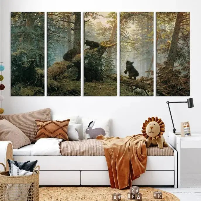 The space is adorned with the Grizzly Bear Cubs Wall Art Canvas Print. This three-panel artwork, featuring bears in a forest, is crafted on museum-quality canvas with UV-protective coating. Each piece comes ready to hang, ensuring durability and timeless beauty for your living area.