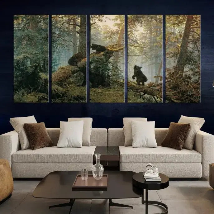 The space is adorned with the Grizzly Bear Cubs Wall Art Canvas Print. This three-panel artwork, featuring bears in a forest, is crafted on museum-quality canvas with UV-protective coating. Each piece comes ready to hang, ensuring durability and timeless beauty for your living area.