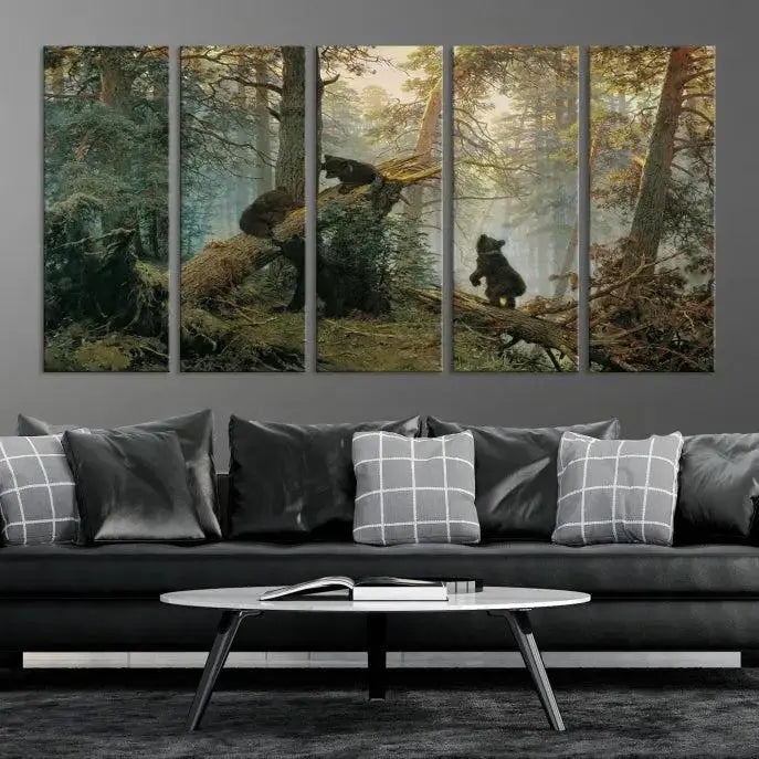 The space is adorned with the Grizzly Bear Cubs Wall Art Canvas Print. This three-panel artwork, featuring bears in a forest, is crafted on museum-quality canvas with UV-protective coating. Each piece comes ready to hang, ensuring durability and timeless beauty for your living area.