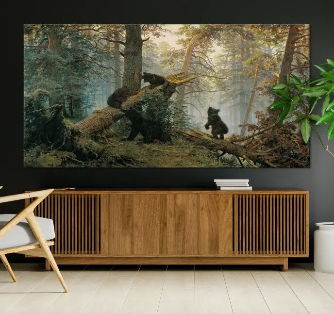 The space is adorned with the Grizzly Bear Cubs Wall Art Canvas Print. This three-panel artwork, featuring bears in a forest, is crafted on museum-quality canvas with UV-protective coating. Each piece comes ready to hang, ensuring durability and timeless beauty for your living area.