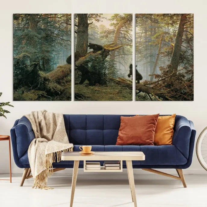 The space is adorned with the Grizzly Bear Cubs Wall Art Canvas Print. This three-panel artwork, featuring bears in a forest, is crafted on museum-quality canvas with UV-protective coating. Each piece comes ready to hang, ensuring durability and timeless beauty for your living area.