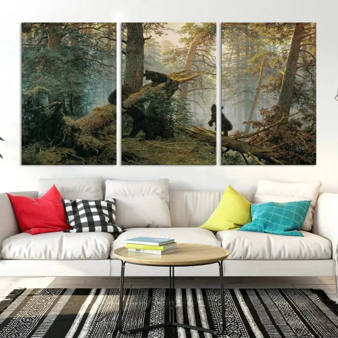 The space is adorned with the Grizzly Bear Cubs Wall Art Canvas Print. This three-panel artwork, featuring bears in a forest, is crafted on museum-quality canvas with UV-protective coating. Each piece comes ready to hang, ensuring durability and timeless beauty for your living area.