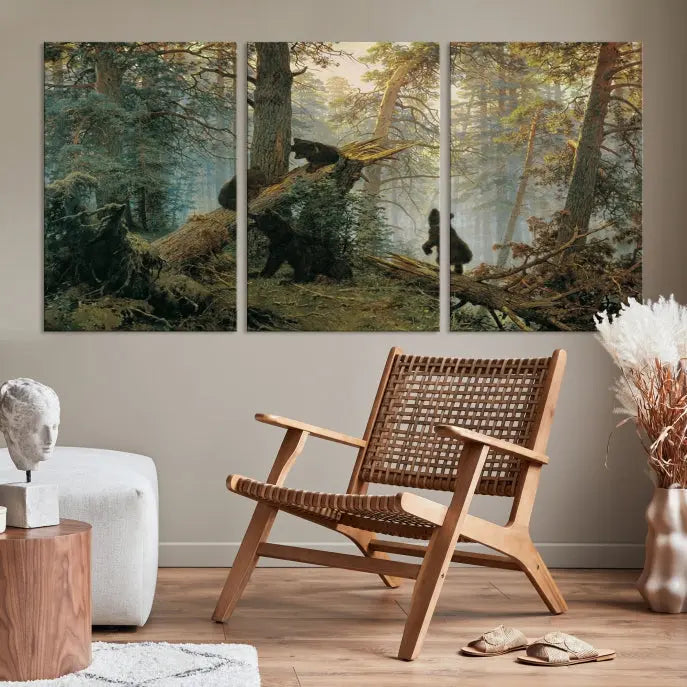 The space is adorned with the Grizzly Bear Cubs Wall Art Canvas Print. This three-panel artwork, featuring bears in a forest, is crafted on museum-quality canvas with UV-protective coating. Each piece comes ready to hang, ensuring durability and timeless beauty for your living area.