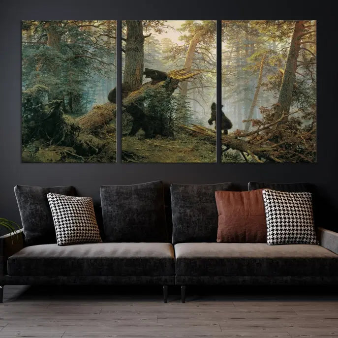 The space is adorned with the Grizzly Bear Cubs Wall Art Canvas Print. This three-panel artwork, featuring bears in a forest, is crafted on museum-quality canvas with UV-protective coating. Each piece comes ready to hang, ensuring durability and timeless beauty for your living area.