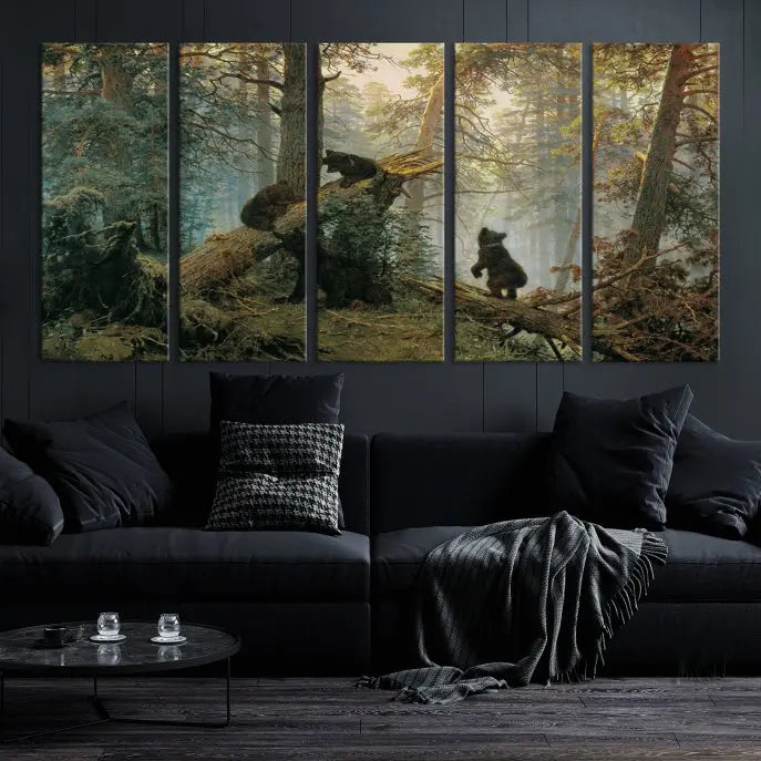 The space is adorned with the Grizzly Bear Cubs Wall Art Canvas Print. This three-panel artwork, featuring bears in a forest, is crafted on museum-quality canvas with UV-protective coating. Each piece comes ready to hang, ensuring durability and timeless beauty for your living area.