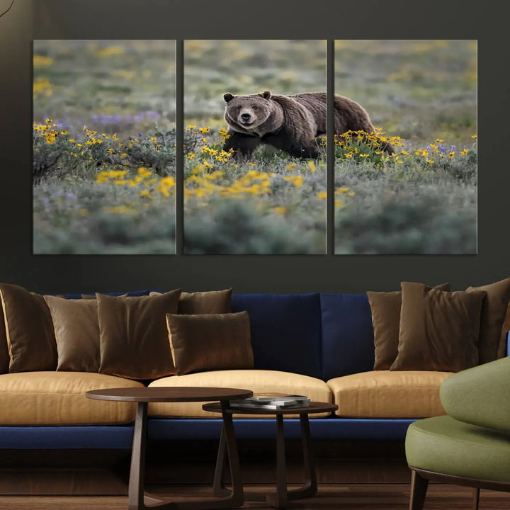 The Grizzly Bears Wall Art, titled "Grizzly 399 in Wild Flowers Wall Art Canvas Print," showcases a majestic bear meandering through vibrant yellow flowers. This piece brings the wild beauty of Grand Teton into your home.