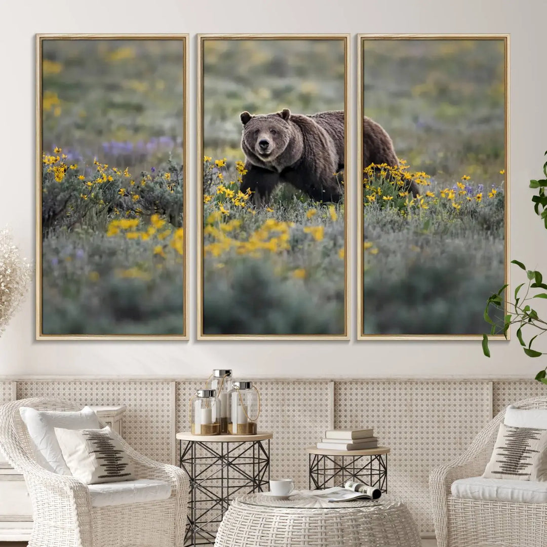 The Grizzly Bears Wall Art, titled "Grizzly 399 in Wild Flowers Wall Art Canvas Print," showcases a majestic bear meandering through vibrant yellow flowers. This piece brings the wild beauty of Grand Teton into your home.