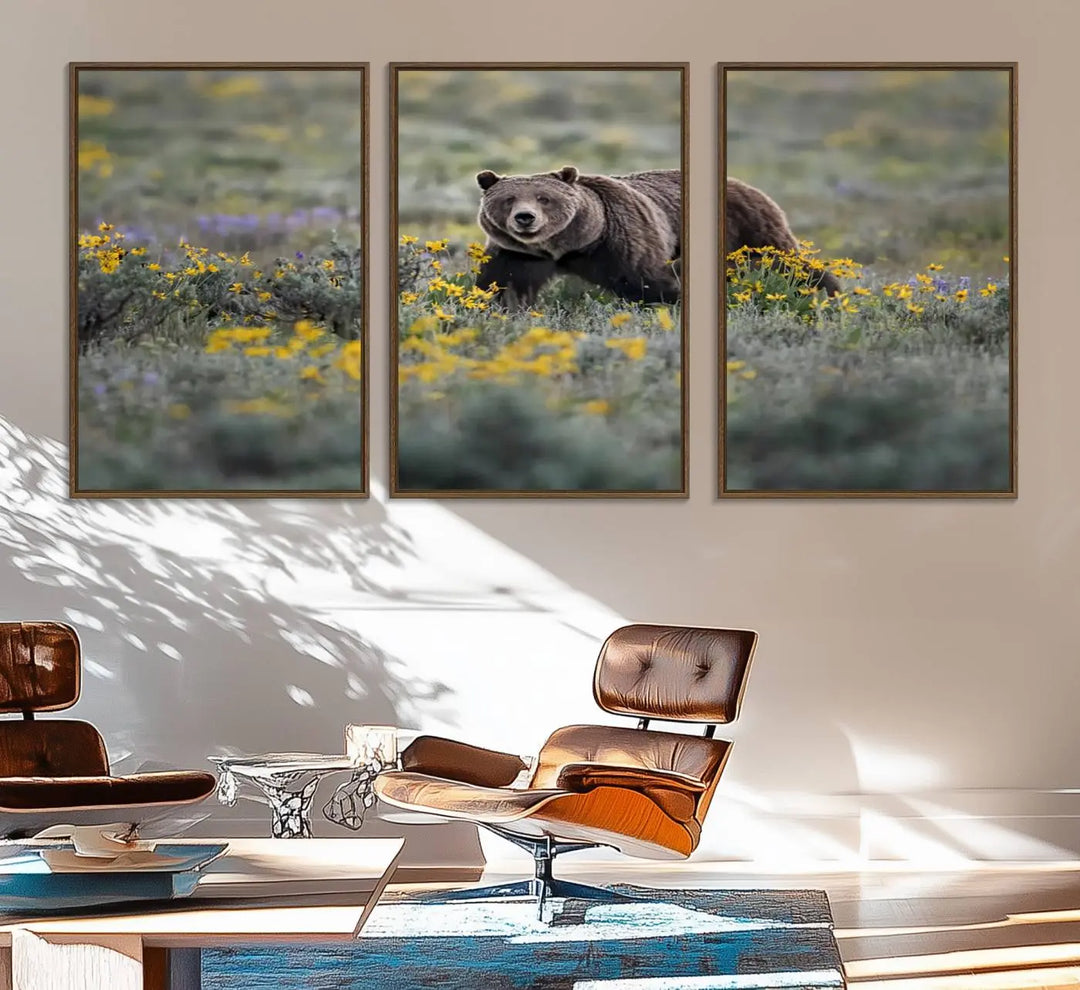 The Grizzly Bears Wall Art, titled "Grizzly 399 in Wild Flowers Wall Art Canvas Print," showcases a majestic bear meandering through vibrant yellow flowers. This piece brings the wild beauty of Grand Teton into your home.