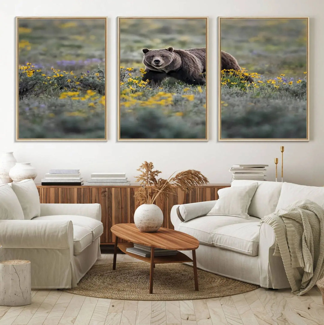 The Grizzly Bears Wall Art, titled "Grizzly 399 in Wild Flowers Wall Art Canvas Print," showcases a majestic bear meandering through vibrant yellow flowers. This piece brings the wild beauty of Grand Teton into your home.