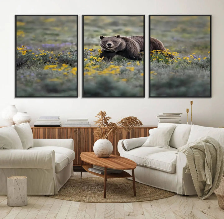 The Grizzly Bears Wall Art, titled "Grizzly 399 in Wild Flowers Wall Art Canvas Print," showcases a majestic bear meandering through vibrant yellow flowers. This piece brings the wild beauty of Grand Teton into your home.