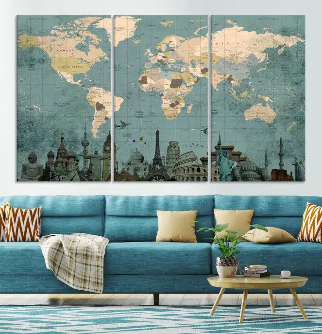 Featuring a vintage-style multi-panel Grunge Green World Map Canvas Print adorned with landmark illustrations from the Wonder of World Map Push Pin Canvas Print.