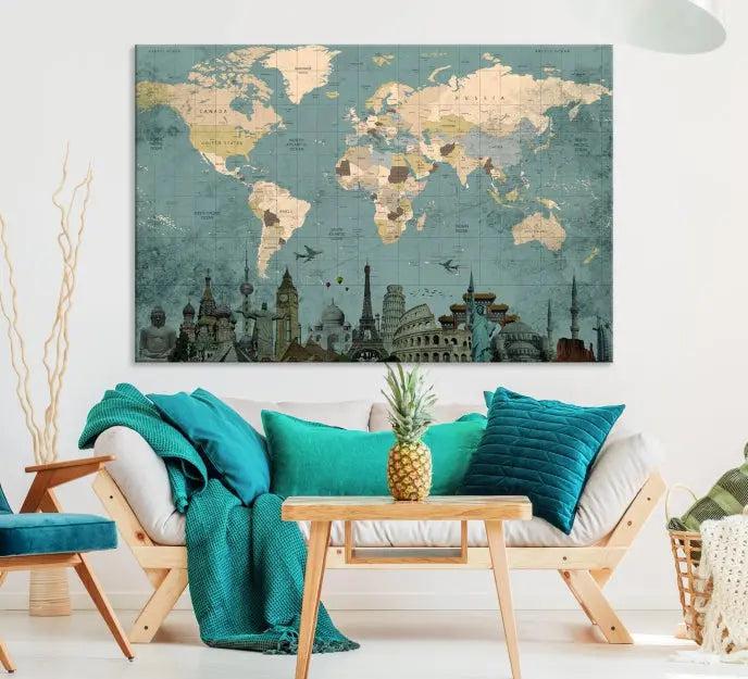 Featuring a vintage-style multi-panel Grunge Green World Map Canvas Print adorned with landmark illustrations from the Wonder of World Map Push Pin Canvas Print.