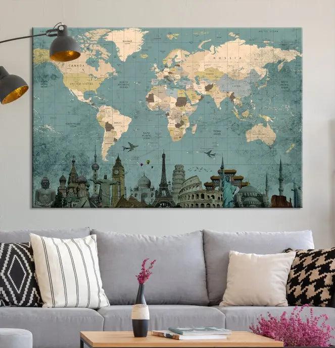 Featuring a vintage-style multi-panel Grunge Green World Map Canvas Print adorned with landmark illustrations from the Wonder of World Map Push Pin Canvas Print.