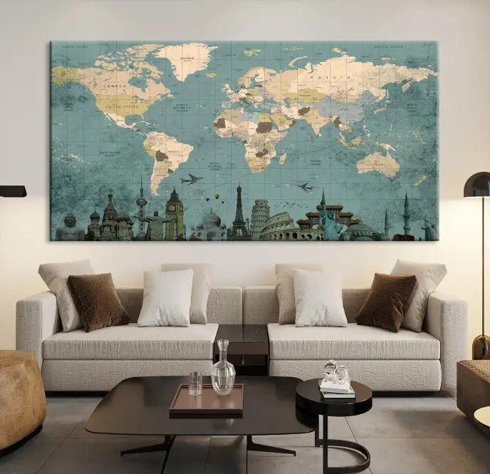 Featuring a vintage-style multi-panel Grunge Green World Map Canvas Print adorned with landmark illustrations from the Wonder of World Map Push Pin Canvas Print.