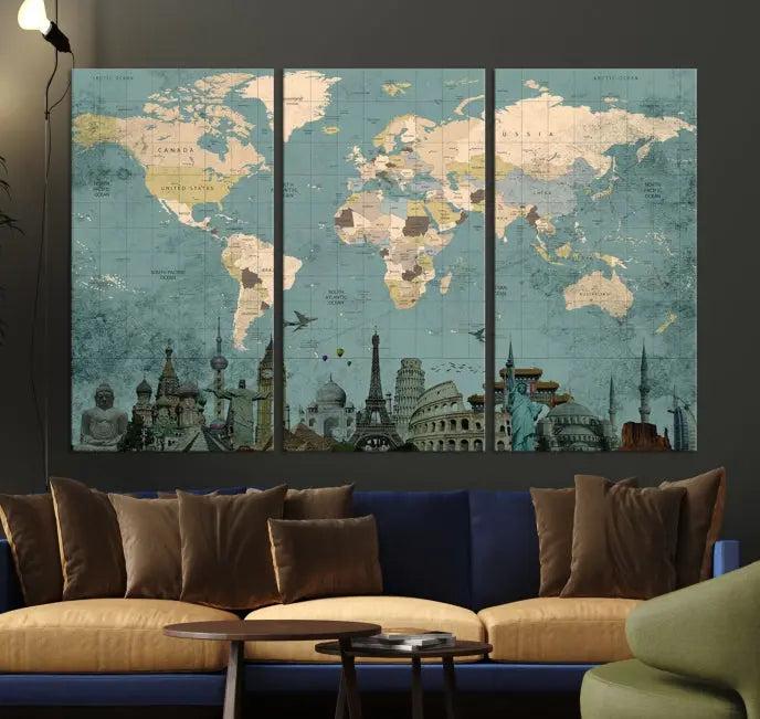 Featuring a vintage-style multi-panel Grunge Green World Map Canvas Print adorned with landmark illustrations from the Wonder of World Map Push Pin Canvas Print.