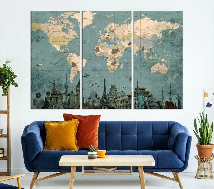 Featuring a vintage-style multi-panel Grunge Green World Map Canvas Print adorned with landmark illustrations from the Wonder of World Map Push Pin Canvas Print.