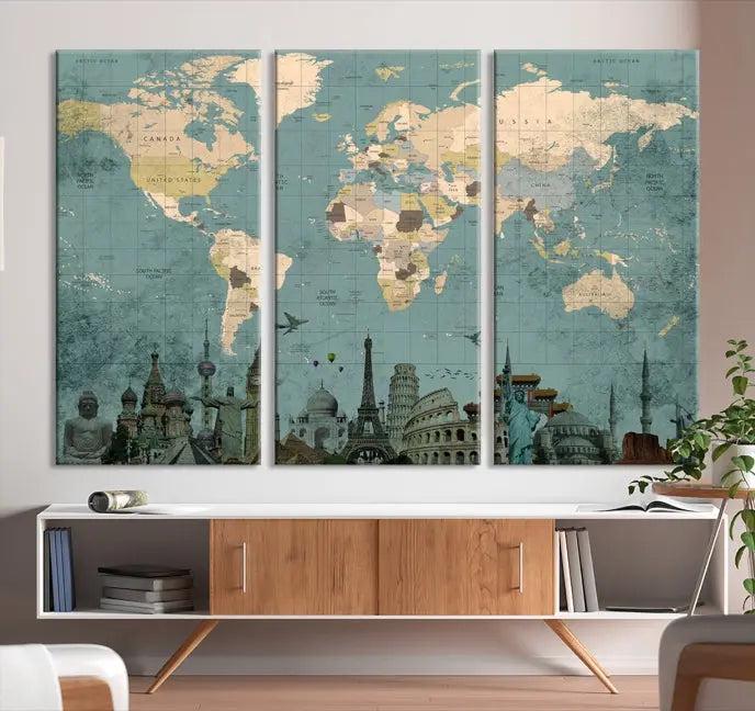 Featuring a vintage-style multi-panel Grunge Green World Map Canvas Print adorned with landmark illustrations from the Wonder of World Map Push Pin Canvas Print.